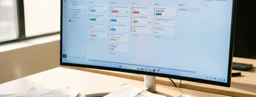 Microsoft Teams-planningsbord op ultrabreed scherm naast verfrommelde Excel-uitdraaien op modern bureau met koffiemok.
