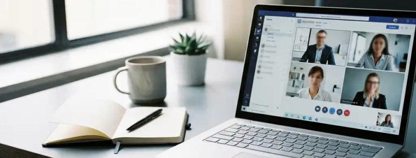 Laptop met Microsoft Teams-vergadering op een opgeruimd bureau naast een open notitieboek met pen, zacht natuurlijk zijlicht.