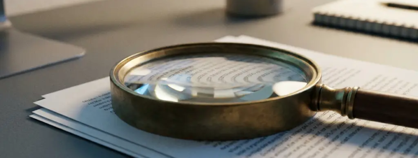 Vergrootglas op een gedrukt kantoorstuk met dichte tekstparagrafen, zachte grijswitte bureauomgeving met blauw monitorlicht.