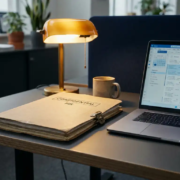 Gesloten manila HR-map met slotgesp op modern bureau, verlicht door een amber bureaulamp naast een laptop.
