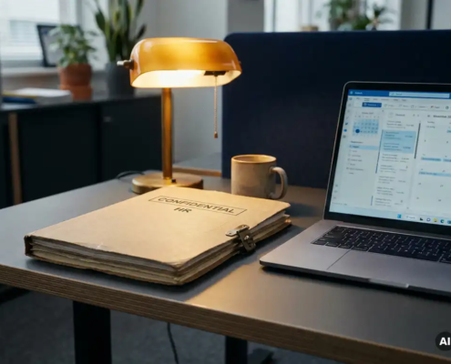 Gesloten manila HR-map met slotgesp op modern bureau, verlicht door een amber bureaulamp naast een laptop.
