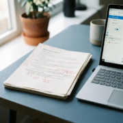 Stapel werkinstructies met rode en blauwe annotaties op modern bureau naast open laptop met Microsoft 365, verlicht door zijdelings natuurlijk licht.