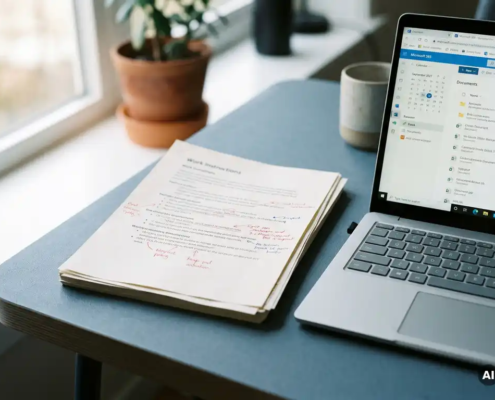 Stapel werkinstructies met rode en blauwe annotaties op modern bureau naast open laptop met Microsoft 365, verlicht door zijdelings natuurlijk licht.