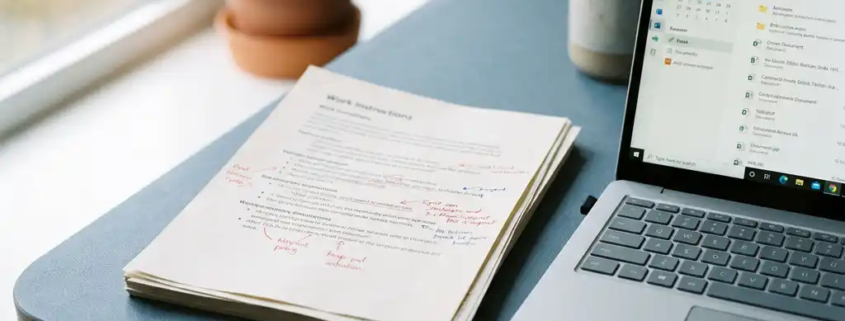 Stapel werkinstructies met rode en blauwe annotaties op modern bureau naast open laptop met Microsoft 365, verlicht door zijdelings natuurlijk licht.