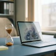 Zandloper naast een laptop op een modern bureau met kalender en notities, in koel blauw en warm amber licht.