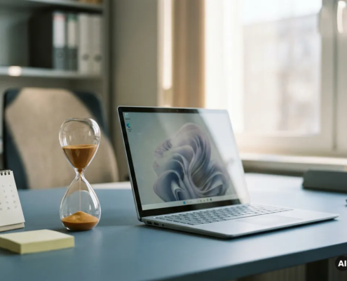 Zandloper naast een laptop op een modern bureau met kalender en notities, in koel blauw en warm amber licht.